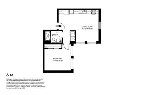 Floor plan for 1 bed, 1 bath, 628 sqft